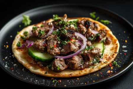 Gyro pita with lamb meat, cucumber, and red onion on a black plate, isolated on a dark background. Greek dish, Arabic food. Delicious Greek doner kebab, low-angle shot, stock photo. --ar 3:2 --v 6.1 Job ID: 2738b1df-a5d6-4c2a-9550-e88b9aa2bff0の素材