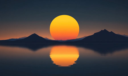 A vector illustration of the setting sun reflected on calm waters, with a minimalist background. The setting sun is depicted as an oversized glowing ball against a dark blue sky, casting long shadows over the tranquil water. In front of it stand two thin and elegant mountains, their peaks rising above the horizon line. This scene conveys tranquility and stillness in nature's beauty, in the style of Adrian Tomine. --ar 5:3 --v 6.1 Job ID: 3996485a-2b97-4a2b-98db-5385c5134c94の素材