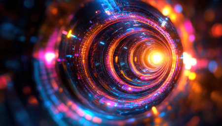 A futuristic, sci-fi style tunnel with metallic and glowing elements, featuring high-tech machinery and vibrant colors. The background is dark to highlight the center of focus, which shows an array of complex mechanical parts in a circular pattern. A bright light emanates from within the circle, creating lens flares that add depth and dimensionality. This composition creates a sense of motion as if one were traveling through time or space using advanced technology. --ar 39:22 --v 6.1 Job ID: 652cf8cd-0c8f-46f3-9371-bf7b9070509dの素材