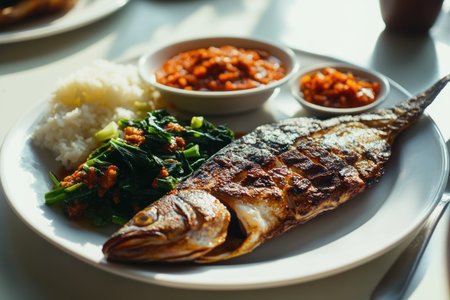 A plate of smoky grilled fish with various side dishes, green leafy vegetable on the left and an orange dish filled with sambal red chilli sauce on right. SBiohak in background with other Indonesian food, close-up shot. The table is white and there's a spoon lying next to it. Natural light from window illuminates the scene. Shot by Nikon D850 DSLR camera with an aperture setting of f/4 and ISO at speed of 260 shutter speed. --ar 3:2 --v 6.1 Job ID: d7fcfb17-0c93-4a0a-ac4a-0448608f4201の素材