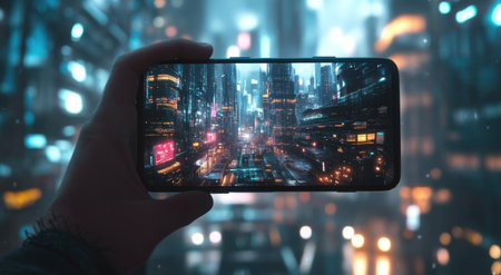 A hand holding an iPhone with a futuristic cityscape on the screen, a city street background, 3D rendering, close-up, blurry city lights in the background, holographic colors, digital art style, high resolution, high detail, sharp focus, full-body shot. --ar 78:43 --v 6.1 Job ID: 0bd286c4-e59d-475e-b14f-08f7cb1f564aの素材
