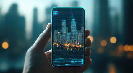 A hand holding an iPhone with the screen displaying a digital, glowing cityscape, the background blurred to emphasize the smartphone display. The scene is illuminated by soft street lights and natural daylight, creating a warm ambiance. A futuristic look on the phone's interface adds depth to the overall composition. The digital art style features detailed textures for each element of both the device and the environment. --ar 78:43 --v 6.1 Job ID: 885a11c9-e8c3-40fb-b930-e561afe8f973の素材