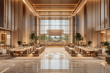 Design an interior rendering of the conference room in light brown and beige tones, featuring glass walls on one side for natural lighting, with two long tables surrounded by chairs arranged to create multiple seating areas. The space is large enough to accommodate many people, creating a spacious atmosphere with modern design elements such as decorative plants, LED lights, marble flooring tiles, wooden ceiling panels, and stylish furniture. It should have wide-angle lenses that highlight its size and layout. --ar 3:2 --v 6.1 Job ID: 1b78b12a-5bee-4885-a23b-70af33dcb734の素材