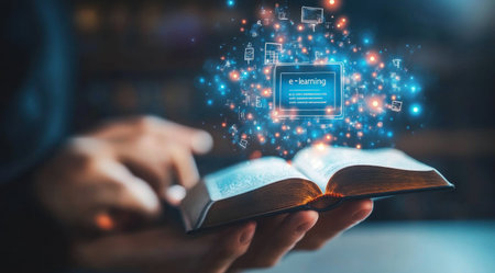 Digital icon of an open book with data and analytics floating above a smartphone, representing online education or e-books for reading knowledge and information on a social media network. This concept is known as "e-learning". A businessman's hand is using a mobile phone in the background of an office. --ar 34:19 --v 6.1 Job ID: 8dc9c01d-25b3-4f3a-ab64-37e216ace820の素材