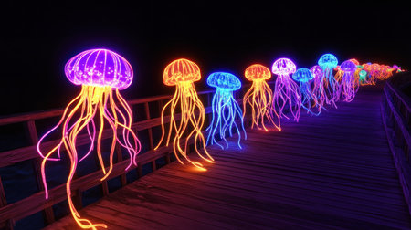 nighttime parade with bioluminescent jellyfish floats on a beachside boardwalk --chaos 30 --ar 16:9 --v 6.1 Job ID: a680fd94-0fd5-4564-97f8-98add73ea013の素材