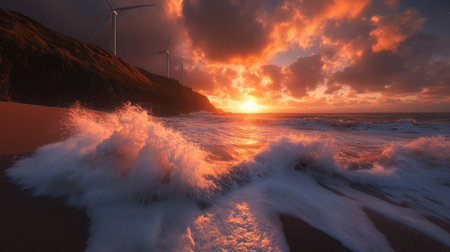 offshore wind farm with turbines towering above the ocean waves at sunset --chaos 30 --ar 16:9 --v 6.1 Job ID: 842823d4-55b9-4a5f-b103-72a0bc00cd2dの素材