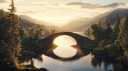 old stone bridge in golden hour light, surrounded by nature --chaos 30 --ar 16:9 --v 6.1 Job ID: a324fd3c-f0df-4529-b1c9-ae957d55f37cの素材
