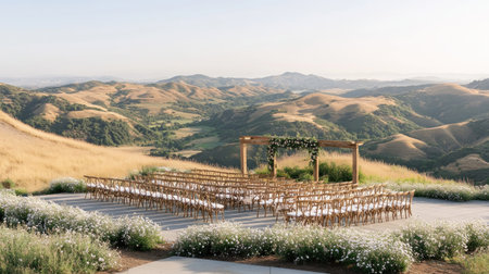open field ceremony with wooden arch, wildflower arrangements and golden hour light --chaos 30 --ar 16:9 --v 6.1 Job ID: 9b6c089b-ae0a-4d5f-a536-d11d27b6dd22の素材
