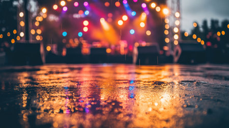 outdoor concert during rain, wet ground reflecting colorful lights --chaos 30 --ar 16:9 --v 6.1 Job ID: 56fb5c67-e98b-44b4-a0e0-a5fb0824d750の素材