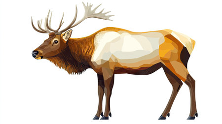 Detailed illustration of an elk, presented in a stylized, polygonal design with varied shades of brown and beige.  The elk is depicted in profile view against a pure white background.の素材