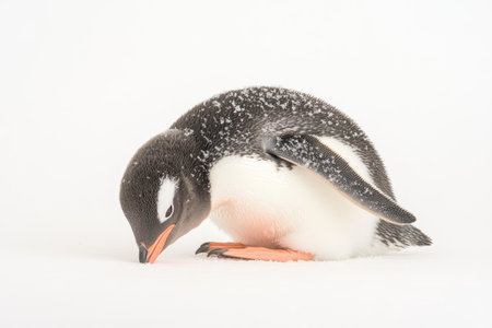 Small, young penguin, covered in specks of snow, is resting on a surface of pristine white snow.  The penguin is in profile view, its head lowered toward the snow. The image focuses on the intricate details of the penguin's plumage and the surrounding snow.の素材