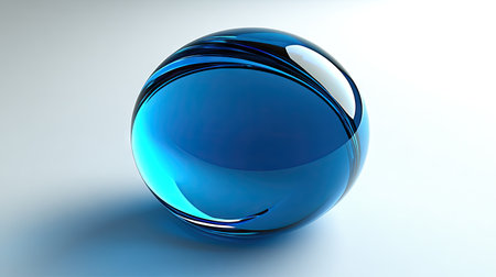 Digitally rendered, glossy blue sphere with a reflective surface sits on a light gray background. The sphere's smooth, reflective qualities and subtle striations create a visually appealing design.の素材