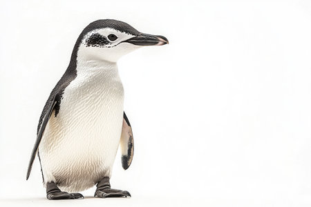 Young penguin, standing on a plain white background, is the focus of this  photograph.  The penguin's plumage displays detailed textures and color variations.  The lighting is well-controlled to highlight the subject's form and features.の素材