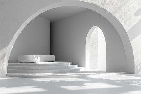 3D white podium with an arch on a gray background for product presentation, a minimalist design. --chaos 30 --ar 3:2 --quality 2 --stylize 500 --v 6.1 Job ID: 0057e971-1049-4d67-a6a2-7c2e9a775637の素材