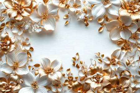 A white background with golden floral elements along the edges, creating an elegant and luxurious atmosphere for wedding design use. The flowers should be intricate and detailed in gold tones to complement the overall theme of opulence and sophistication. This backdrop would bring out the essence of luxury while providing space for custom text or images within its frame. No mockups, photo-realistic, cinematic view. --chaos 30 --ar 3:2 --quality 2 --stylize 500 --v 6.1 Job ID: cec3af00-7eec-482c-80ff-dcd697091457の素材
