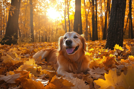 The image captures a friendly golden retriever dog relaxing in the vibrant colors of an autumn forest scene.の素材