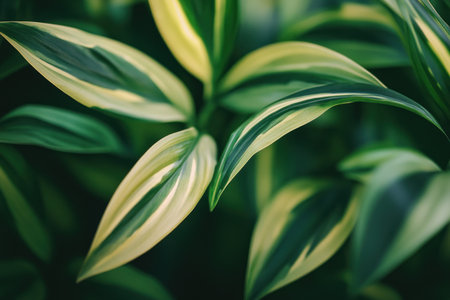 A close-up of the textured leaves and green lines on an indoor plant, creating a serene, patterned background. The image has a full depth of field in focus, with a Kodak Portra 800 film grain effect, captured using a Leica camera. The result is an ultra-realistic and hyper-detailed image in the style of Leica. --ar 3:2 --v 6.1 Job ID: 18f3377b-5958-4d08-8c9f-080885ea7f61の素材