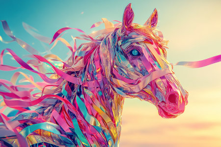 This image portrays a colorful and artistic horse head with flowing ribbons, against a gradient sky.の素材