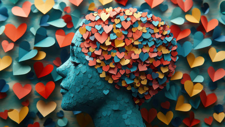 The image shows an abstract sculpture of a face surrounded and topped with paper hearts in vibrant colors.の素材