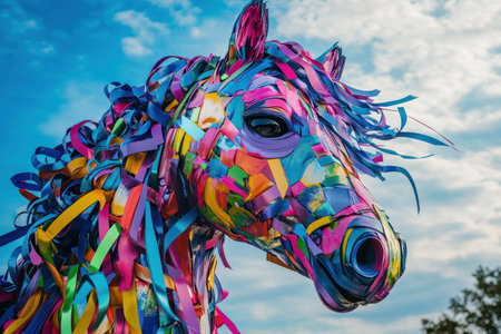 This image is a close-up portrait of a horse sculpture, created with vibrant colorful ribbon.の素材