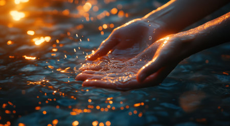 Close-up of hands cupping water, with the background blurred and bathed in warm sunlight. The focus is on their delicate details as they catch raindrops or sparkling river droplets. This composition creates an atmosphere of serenity and connection to nature through wet skin. Captured with a Nikon D850 DSLR camera and a high-resolution 24mm f/3.6 lens. --ar 78:43 --v 6.1 Job ID: c2aba7d2-11be-49eb-8736-f06f2feb9367の素材