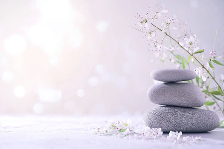 Photo of a stack of gray stones with a bamboo plant on a white background, representing zen and meditation for a spa concept banner design. Web banner with copy space, resolution 1920 x 1080. --ar 3:2 --v 6.1 Job ID: 130ad45a-b527-4c6a-8e1c-39a7c74fea33の素材