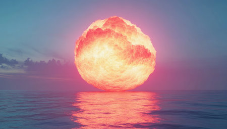 3D render of a large, round, glowing pink and orange gradient sun setting over the ocean, with a blue sky and a reflection on the water. The background is simple and has low contrast. --ar 53:30 --v 6.1 Job ID: a31b9d38-eb10-4d6f-8839-2533df19254bの素材
