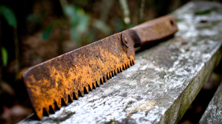 old rusty saw on a weathered bench under a tree canopy, summer solstice vibe --chaos 30 --ar 16:9 --v 6.1 Job ID: ad9bb536-6b44-4a29-aee4-d7ba7be5df16の素材