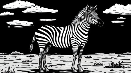 Zebra is depicted in a black and white line drawing style against a dark background with a simple landscape. The zebra is positioned in the center of the image, and the landscape includes a water source and some vegetation.  The image is presented in a minimalist style, using bold lines and solid black and white areas.の素材