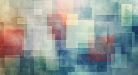 Abstract geometric background with soft, blurred shapes in cool tones. The composition includes large and small squares of different sizes and shades of blue, green, gray, and red, creating an abstract design that evokes the feeling of an urban landscape. --ar 47:26 --v 6.1 Job ID: 5cb29d61-e379-4407-9eec-88faacb17190の素材