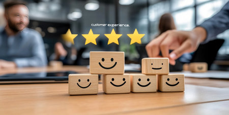 A person is holding wooden blocks with happy and sad faces on them, a smiling face symbol with five stars above it. The background shows an office setting with people working in the distance. This scene represents "customer experience." A person's hand is touching a smiley face icon over five-star rating scales for positive customer satisfaction levels, seamlessly integrated into a dark office interior. --ar 59:30 --v 6.1 Job ID: b19ab3a7-d044-48d5-9fd1-fdd318bbba2cの素材