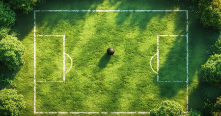 A top-down view of a grassy football field with white lines and a single black ball, in a cartoon style, 3D rendering, in the style of Pixar, suitable for a casual game background, with bright colors and a simple design, high resolution, and highly detailed. --ar 19:10 --v 6.1 Job ID: 6771f7c0-82a8-4467-83a5-cbe5d8b400deの素材