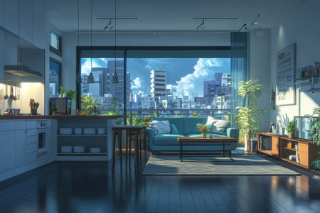 Modern open-plan living room and kitchen interior with a dark gray wooden floor, white walls, teal blue wall paint, a sofa against the window, a city view outside the glass, modern minimalist-style home decor, a mock-up concept, high-resolution photography. --ar 3:2 --v 6.1 Job ID: 8f0694cb-c114-47ca-abfc-ae69dd9e62c5の素材