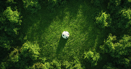 A soccer ball on a green grass field, viewed from above. This is a football background banner with a copy space area for text. This is a 3D rendering illustration. It has high detail, ultra-realistic photo quality, as if captured by a Sony Alpha A7 III camera. This is high-resolution photography, a stock photo, in a flat lay, top-down perspective. --ar 19:10 --v 6.1 Job ID: 277b637d-a7e7-4333-ab98-08954dd5fb21の素材