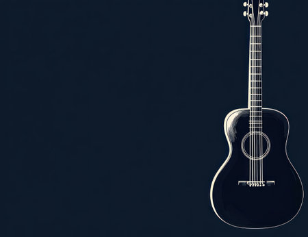 A dark blue background with an acoustic guitar silhouette on the right side, a minimalistic and simple design with white and gray tones, high resolution, and no text or graphics in front of it. This image would be suitable for a logo design. --ar 13:10 --v 6.1 Job ID: e863368d-b0a7-4c9e-8bdc-e4da04800eb4の素材