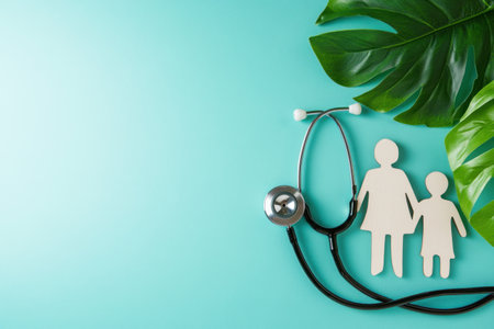Stethoscope with a family cutout on a pastel blue background, top view copy space banner mockup for the healthcare concept or medical and clinic industry design. Flat lay of the human body concept in the shape of a plant. Stock photo with 2/3 space to put text. Hyperrealistic. --ar 3:2 --v 6.1 Job ID: c03f1a25-100f-450b-950d-a1bf328136ebの素材