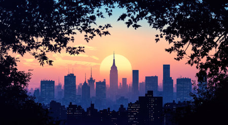 A digital vector art illustration of the New York City skyline at sunrise, seen through trees with silhouettes against a gradient sky from pink to orange and blue. The sun is rising behind skyscrapers like the Empire State Building, with the streets below glowing in the light from streetlights. A peaceful dawn scene. High-resolution, vector graphic design. --ar 47:26 --v 6.1 Job ID: 99796448-1718-4ad6-8804-bd35da4b85efの素材