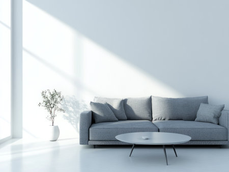 Modern living room with a grey sofa and coffee table against a white wall. Minimalist home interior design of a modern apartment or house. Realistic 3D rendering, detailed, high-resolution photography, stock photo, commercial use quality, hyper-realistic. --ar 4:3 --v 6.1 Job ID: fbd3887e-c769-4a07-8042-cdbc1ab525d6の素材