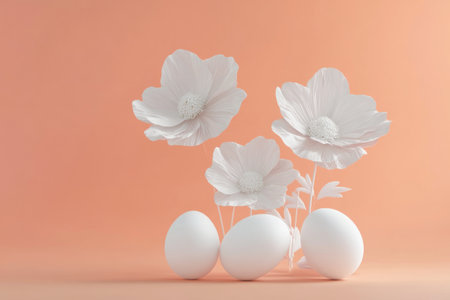 3D render of white flowers on a peach-colored background, with white eggs beside them. Digital art with soft pastel colors, created using 2D vector graphics. --ar 3:2 --v 6.1 Job ID: 25666a05-a7ab-4f53-b791-d4afb59edffeの素材