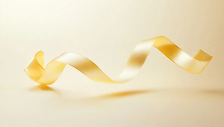A golden ribbon is floating in the air, with a simple background in a light gold and beige style, featuring curved lines, delicate curves, linear illustrations, soft edges, and blurred details. The lines have a gradient of colors, and the design is extremely minimalist. It's a clean background with no shadows on one side of the picture. --ar 53:30 --v 6.1 Job ID: 9b921dcf-ff37-4704-8d2d-68d52b8a0e7bの素材