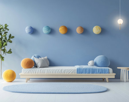 A minimalist children's room with blue walls, featuring a low bed and wall decor of colorful solar system spheres on the wall above it. The scene includes light wood furniture, white floors, and soft lighting. A rug lies in front of one end of the bed, adding to its cozy feel. This is a simple yet charming space for young boys or girls. --ar 39:31 --v 6.1 Job ID: 7fb7572d-8eaa-4f1b-b022-82fda4d8f04eの素材