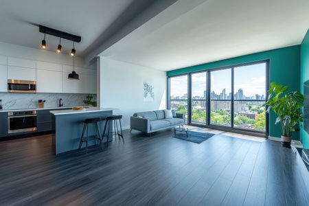 Modern open-plan living room and kitchen interior with a dark gray wooden floor, white walls, teal blue wall paint, a sofa against the window, a city view outside the glass, modern minimalist-style home decor, a mock-up concept, high-resolution photography. --ar 3:2 --v 6.1 Job ID: 8f0694cb-c114-47ca-abfc-ae69dd9e62c5の素材