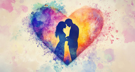 A heart shape made of watercolor splashes, with silhouettes of two people embracing in the background. The colors should be vibrant and softly blending into each other. --ar 95:51 --v 6.1 Job ID: 090869a6-60fa-4a3f-b36c-0838d4930f86の素材