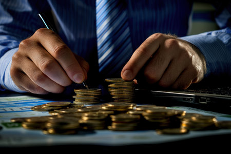 A businessman is placing coins on the table in front of him, with financial charts and graphs visible behind his laptop screen. He is wearing a blue shirt and tie, and he holds a pen to place the money stack. The image was captured using a Nikon D850 with a 24-70mm f/2.8 lens, and a focus stacking technique was employed. --ar 3:2 --v 6.1 Job ID: 34da7cc0-2210-4636-bb68-0f7d6f88bc64の素材