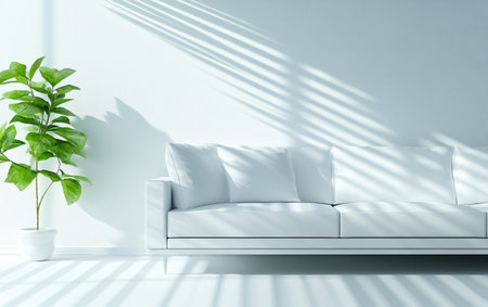 Modern minimalist living room interior with a white sofa and decorative slatted wall. 3D rendering, close-up of modern minimalist home decor. --ar 8:5 --v 6.1 Job ID: f8e30a51-1cff-421d-928c-98b6a2bfa46dの素材