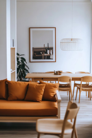 Modern living room with a terracotta-colored sofa and chairs, white walls, a wooden table in the background, a large poster on the wall, Scandinavian interior design, minimalistic decor, a warm, light atmosphere, natural materials, and modern furniture. --ar 2:3 --v 6.1 Job ID: aef1fc96-c0b2-4bff-a58e-1e43ccd1ae4aの素材