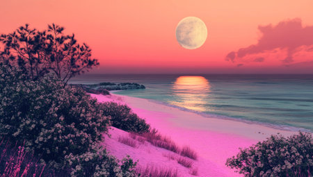 A beautiful beach with purple sand, surrounded by bushes and trees on the left side of the image. The sky is painted in shades of pink and orange, as if it were sunset. In front, there is an ocean that reflects these colors. A full moon shines brightly over everything. In the style of digital art. --ar 53:30 --v 6.1 Job ID: aecb07d2-4819-4d93-8ab1-6b5b8da5d357の素材