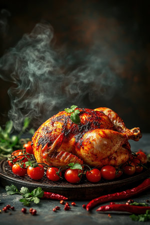 Commercial photography of a whole chicken, with a hot and spicy, fiery red theme, on a table with chili peppers and cherry tomatoes, with smoke around the top left corner, for food advertising, in ultra-high resolution, photorealistic, with dramatic lighting and professional color grading. --ar 2:3 --v 6.1 Job ID: 50127875-9129-42e0-9d90-a214b53b6d09の素材