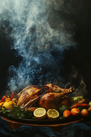 Commercial photography, Roast Chicken with Smoldering Smoke, in the style of NNN, Grilled chicken on a wooden table surrounded by vegetables and lemon, super luxurious, studio lighting, wallpaper, hyper-realistic. --ar 2:3 --v 6.1 Job ID: 817623ba-c570-4f51-bd9a-1278e58535bbの素材