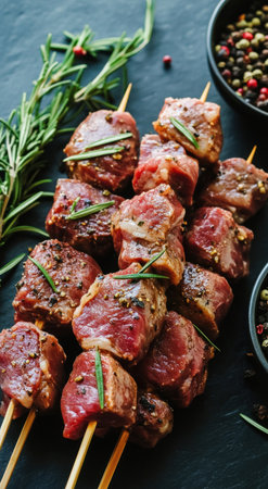 A photo of marinated meat on wooden skewers, arranged neatly and ready for grilling, with rosemary sprigs scattered around them. The background is a dark gray stone or marble surface, creating a contrast to highlight the colors of the raw beef skirt. A bowl filled with various spices sits beside it, adding depth and texture to the composition. This shot would be perfect as an advertisement for fresh raw lamb or savory kebab, showcasing its natural beauty and quality. --ar 43:78 --v 6.1 Job ID: 58c46c02-31b2-41b8-b623-8cece21a06fbの素材